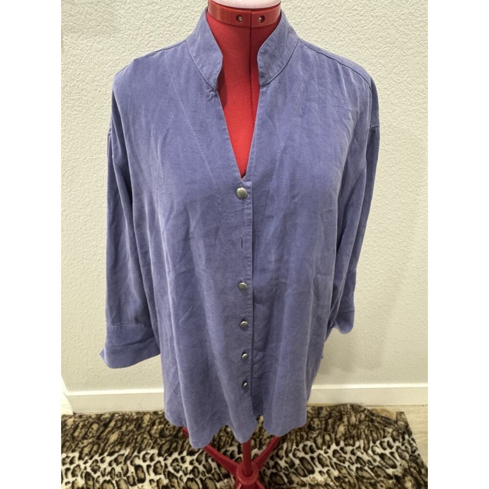 Collarless Button Up Shirt Tunic‎ Top Oversized Blouse Blue Purple